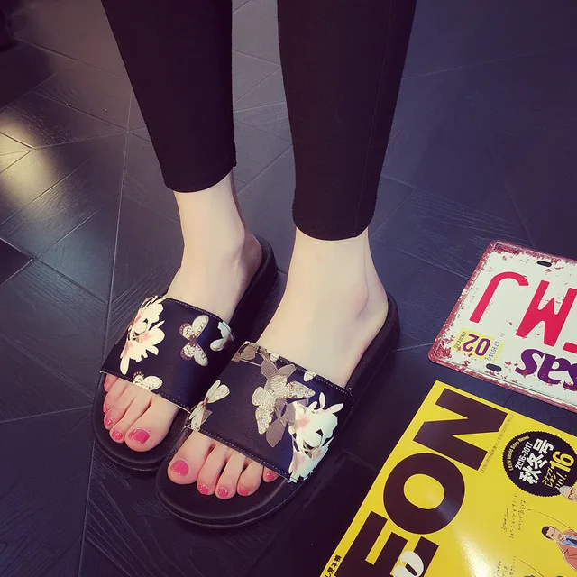 2017 Summer New Style Shoes Woman Bathroom Slippers Kapok NK Flower Printing Flip Flops Femmes 