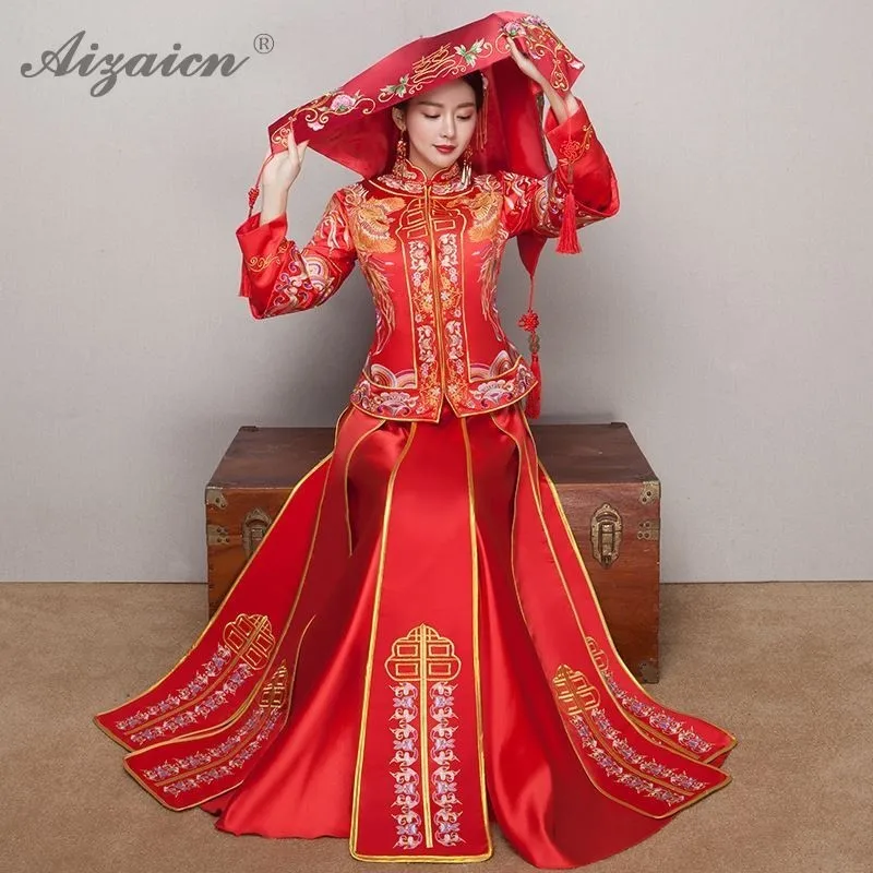 

Women Chinese Traditional Wedding Dress Qipao Red Slim Cheongsam Long Dresses Oriental Style Robe Femme Modern Marry Qi Pao