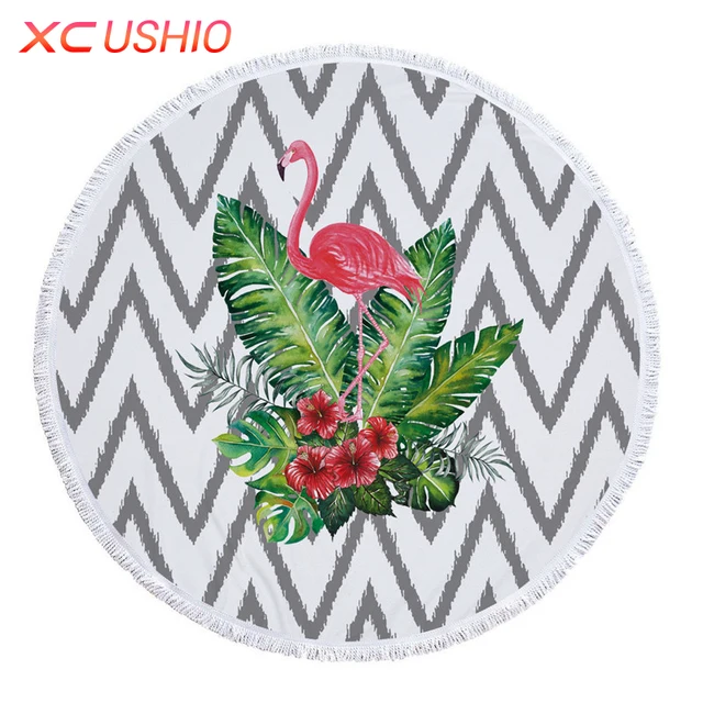 XC USHIO Fashion Flamingo 150cm Round Beach Towel With Tassels 450g Microfiber Bath Towel Serviette De Bain Toalla De Playa