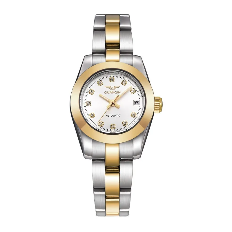 GUANQIN, автоматические часы для женщин, водонепроницаемые, бриллиантовые, женские механические часы, брендовые роскошные часы для девушек, бриллиантовые часы - Цвет: Gold White