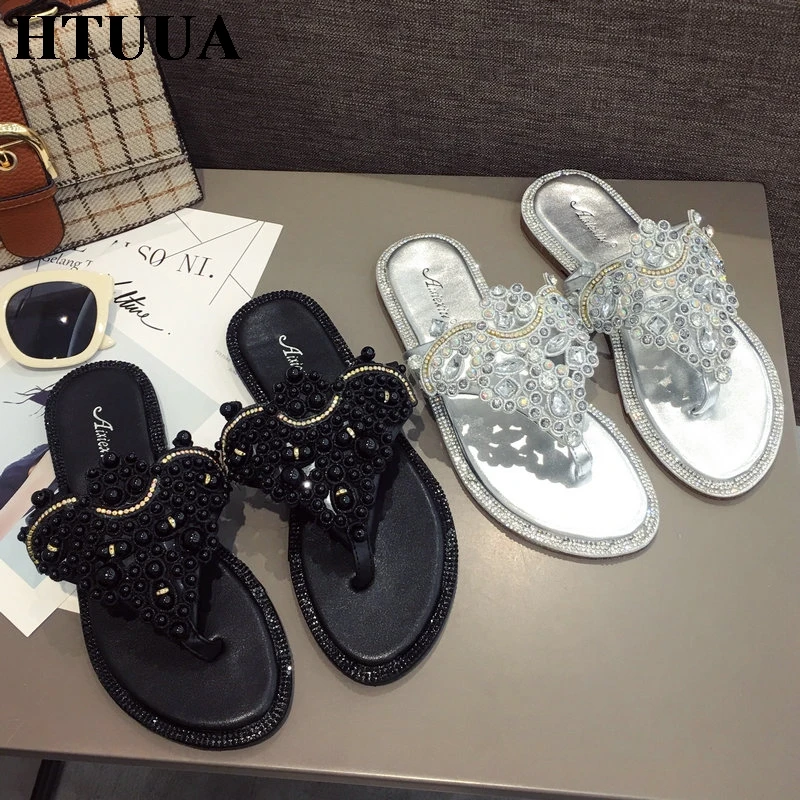 

HTUUA 2019 Rhinestone Women Slippers Casual Beach Flip Flops Summer Shoes Woman Crystal Diamond Bling Flat Slides Sandals SX2659
