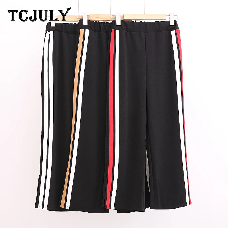 

TCJULY Korean Style Knitted Cotton Side Striped Wide Leg Pants Women Elastic Waist Bottom Split Streetwear Loose Casual Trousers