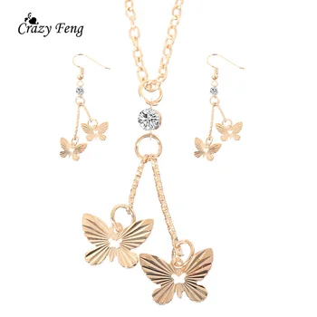 

Promotion Fashion Butterfly Design Bridal Jewelry Sets Crystal Wedding Party Pendant Necklace Dangle Earrings Set For Women