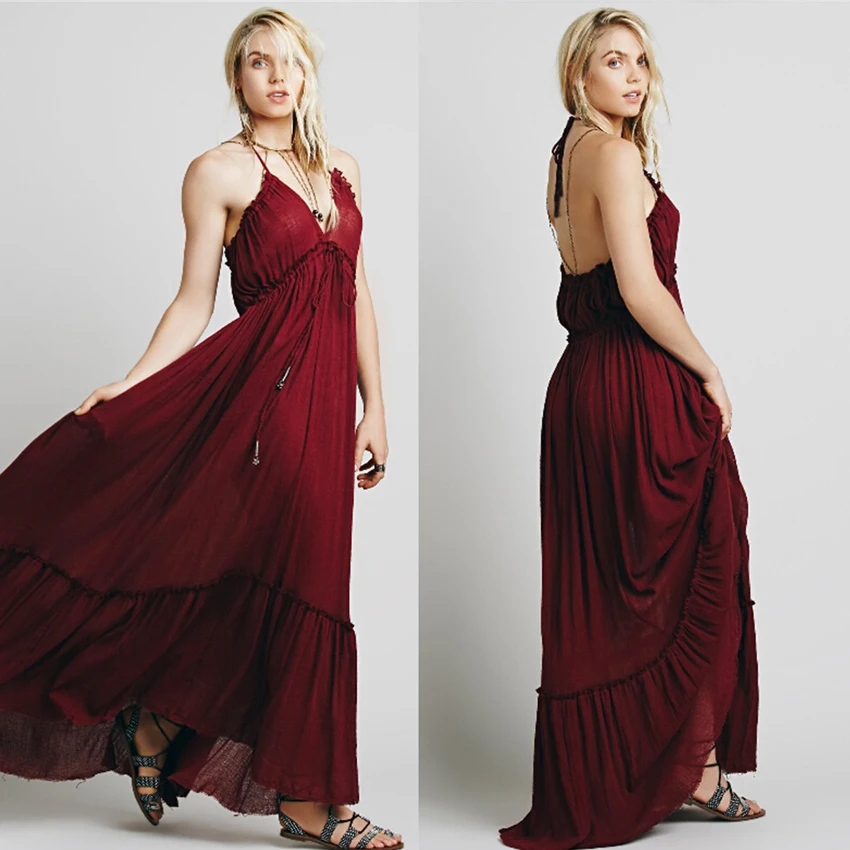 Женское платье с открытой спиной Boho длинное пляжное на тонких бретельках
