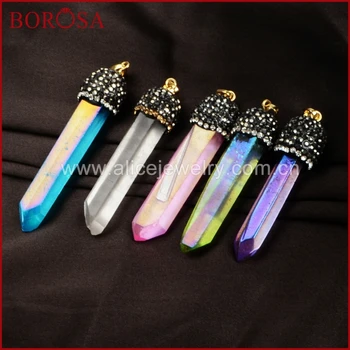 

BOROSA Rainbow Aura Quartz Titanium Crystal Faceted Pendant With Black Gun Zircon,Drusy Pendant for Women Necklace JAB088