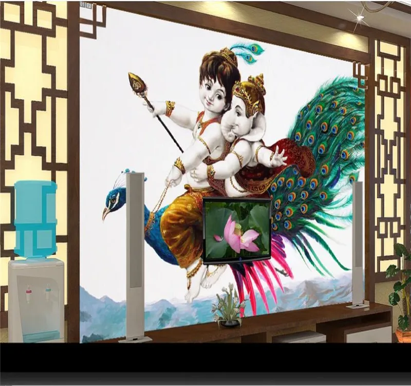 

Custom wallpaper Mediterranean peacock elephant character oil painting TV background wall decoration waterproof material