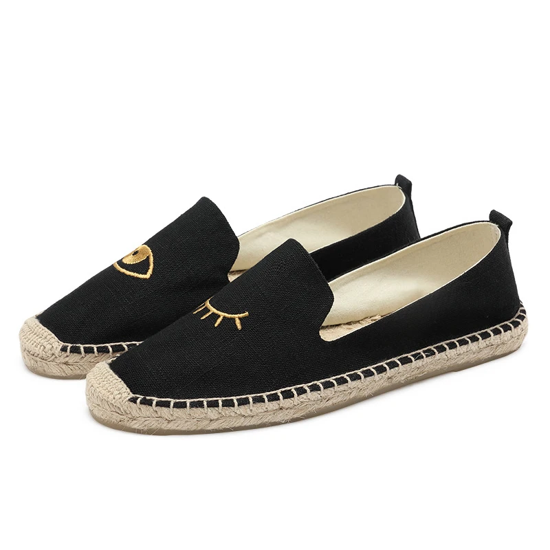 

Embroidery GOLD eye pattern flat slip on espadrilles in black color