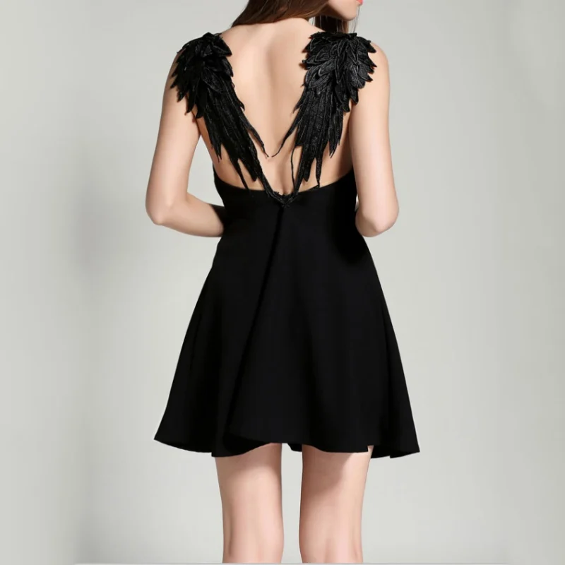 

Summer Women Dress Casual Lace Angel Wings Dress Slim Sexy Backless Beach Dresses Women Spaghetti Strap Vestidos