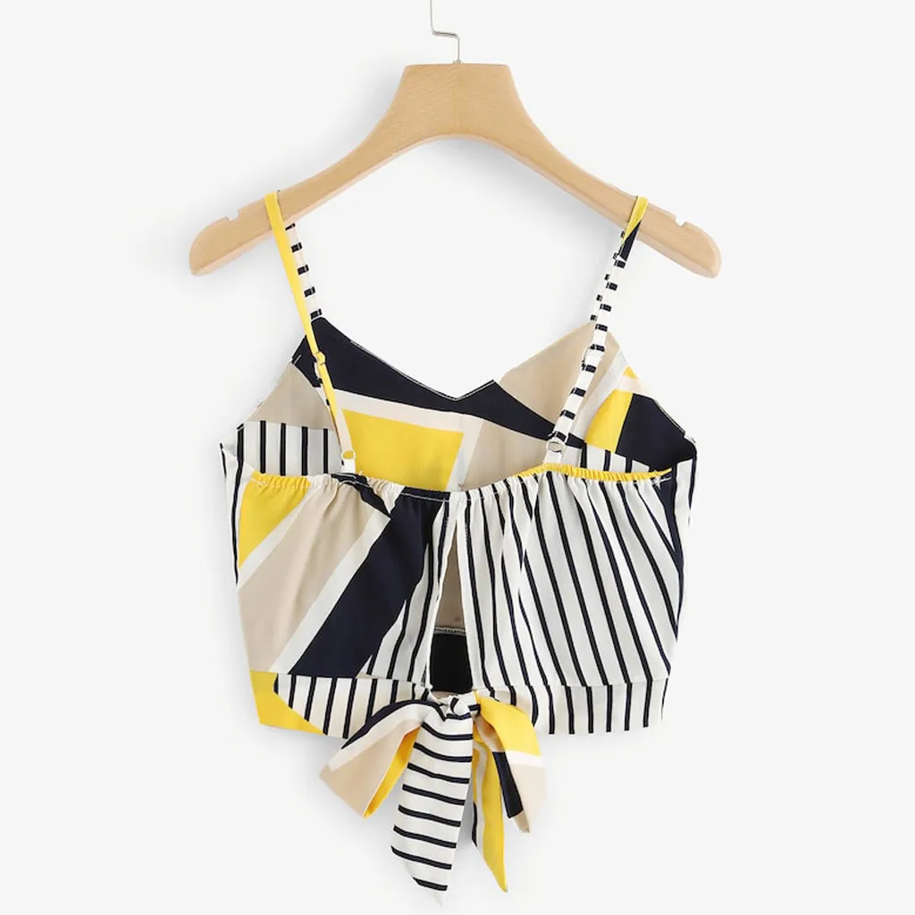 

2019 Summer Modern Lady Bow Tie Back V Neck Button Splice Stripe Crop Cami Top Camisole Blouse Party Tank Tops Camis
