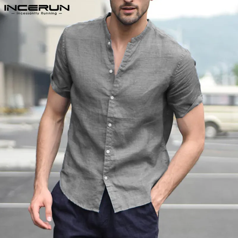 INCERUN Fashion Short Sleeve Men Shirt Stand Collar Solid Color Tops Summer Camisa Masculina Streetwear Men Casual Brand Shirts INCERUN Fashion Short Sleeve Men Shirt Stand Collar Solid Color Tops Summer Camisa Masculina Streetwear Men Casual Brand Shirts