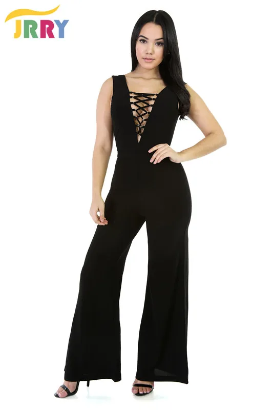 JRRY Casual Sleeveless Deep V Neck Wide Leg Black Women Jumpsuit Backless Ladies Romperin