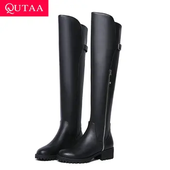 

QUTAA 2020 Round Toe Fashion Buckle Zipper Winter Women Shoes Cow Leather PU Middle Heel All Match Over The Knee Boots Size34-39