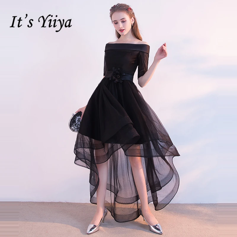 

It's Yiiya Prom Dresses 2018 Girls Boat Neck Short Sleeve Flower Asymmetrical Prom Gowns Party Dresses Formal Dresses LX904