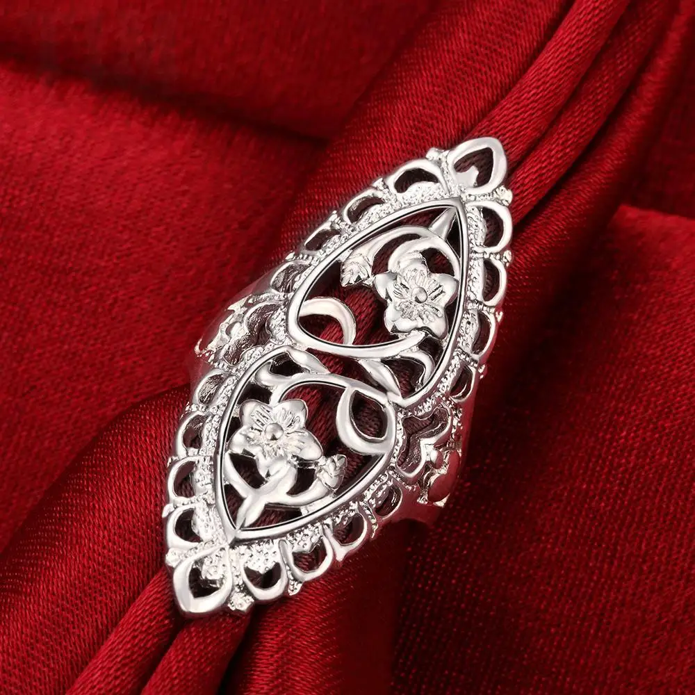 British Style Elegant Classical Carved Flower Ring Antique Silver Plated Rings Jewelry Vintage Retro Big Ring For Women