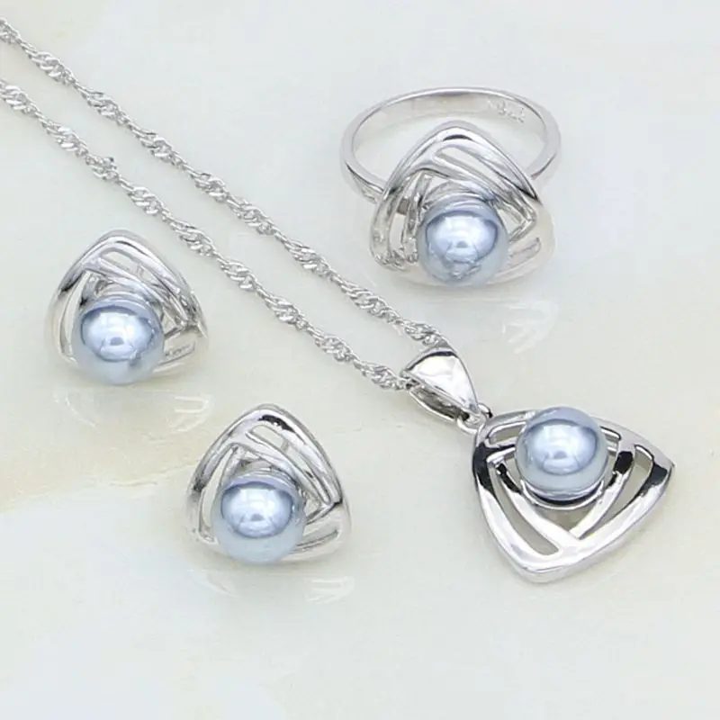 

925 Sterling Silver Jewelry Round Gray Imitation Pearl White Zircon Jewelry Set For Women Stud Earrings/Ring/Pendant/Necklace