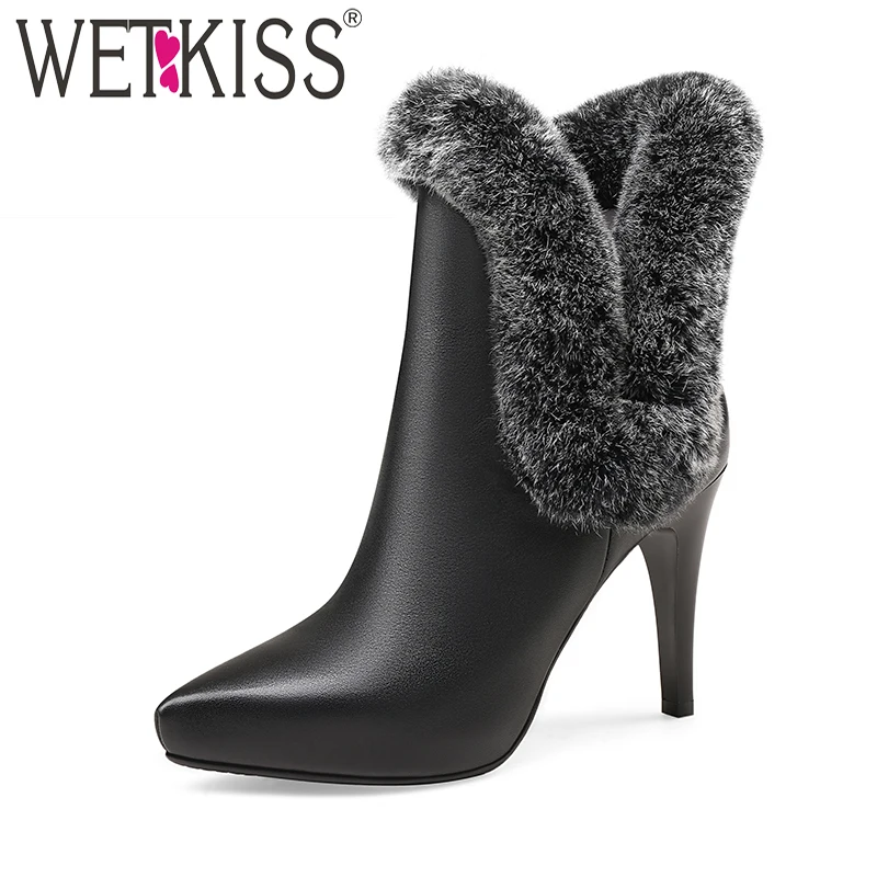 

WETKISS 2018 New Luxury Fur Winter Boots Genuine Leather Ankle Boots Zip Sexy Thin High Heels Ladies Shoes Woman Pointed Toe