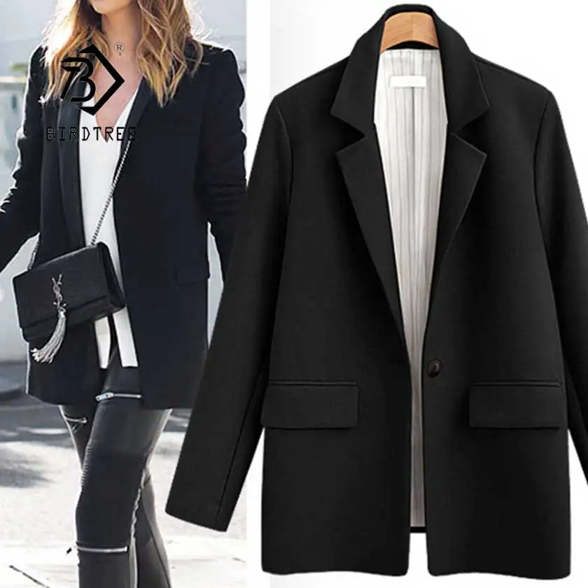 

Women's Solid Long Loose Blazer Single Button Full Sleeve Notched Pocket Female Lady England Style Top Coat Hot Sales C95005Z