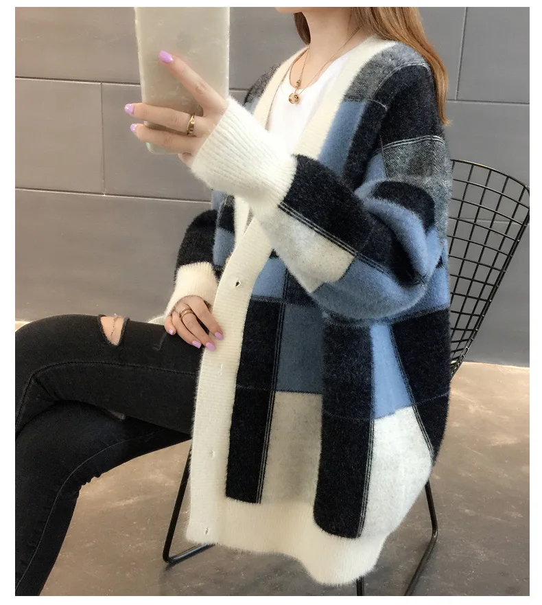 Imitation Mink Wool Sweater Coat Ladies Long Autumn and Winter New Loose Plaid Padded Knit Cardigan Women Sweaters