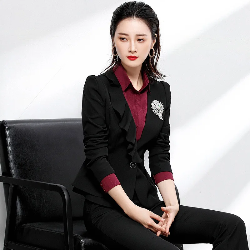 High quality two piece suit small suit lotus side the professional women 's suit set ladies momentum white collar simple tooling High quality two piece suit small suit lotus side the professional women 's suit set ladies momentum white collar simple tooling