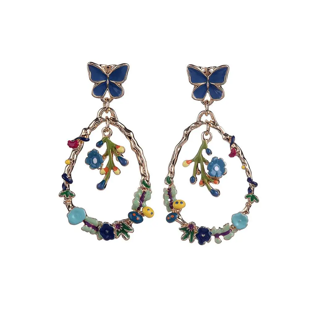 Flower Dangle Earring Drop Statement Earrings Woman Butterfiles Women's Hanging Enamel Butterfly Geometric Jewelry for Girls - Окраска металла: blue