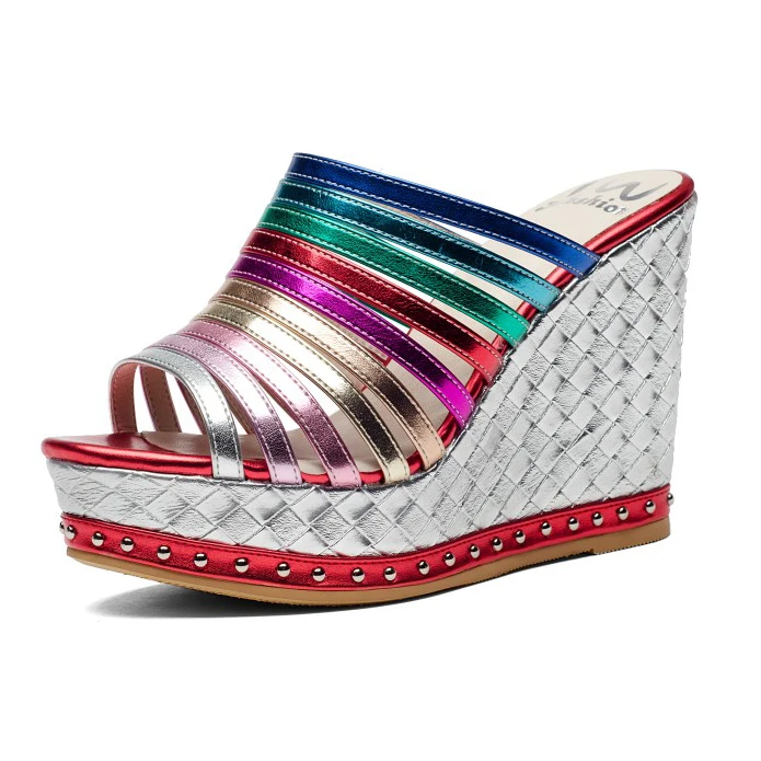 

2017 Summer Mixed Colors High heels Women's Slippers high quality handmade Wedges colorful Microfiber Sandals shoes for women