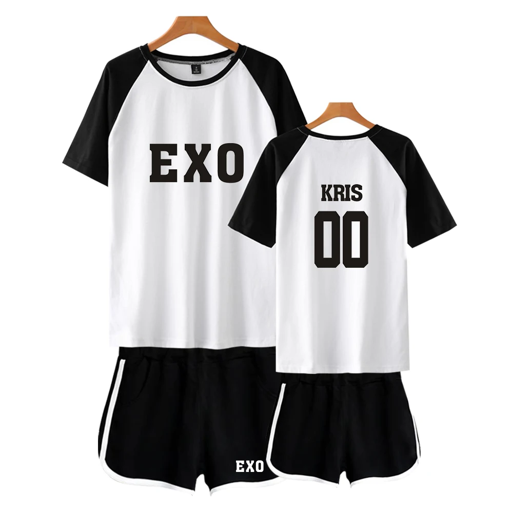 

EXO 2019 Two Pieces Splice Short-sleeved T-shirt + Shorts New Style Exclusive Summer T-shirt Women+shorts 2XL