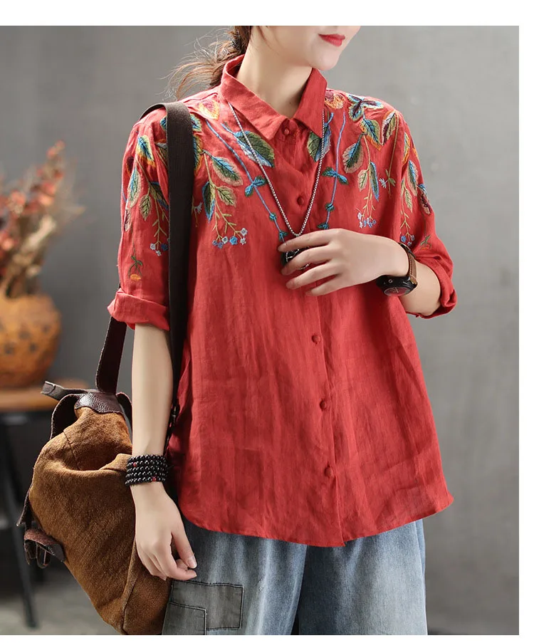 QPFJQD ретро лист Цветочная вышивка женская блузка и рубашка женские повседневные хлопковые льняные футболки Блузы-топы размера плюс Blusas