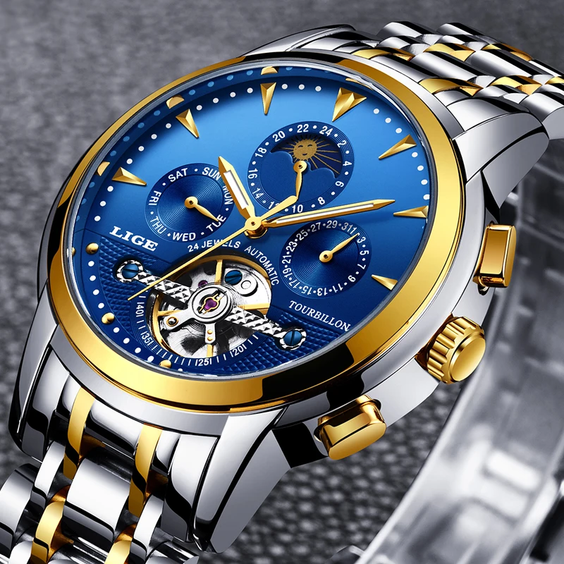 

LIGE new Men Watch Brand Top Luxury Automatic Mechanical Waterproof Watches Men Date Week Climbing Sport Clock Relogio Masculino