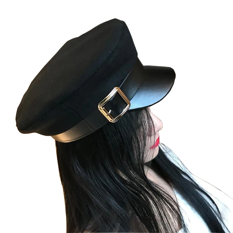 

Fashion PU Leather Military Hat Wool PU Leather Patchwork Newsboy Caps With Belt Female Gorras H35