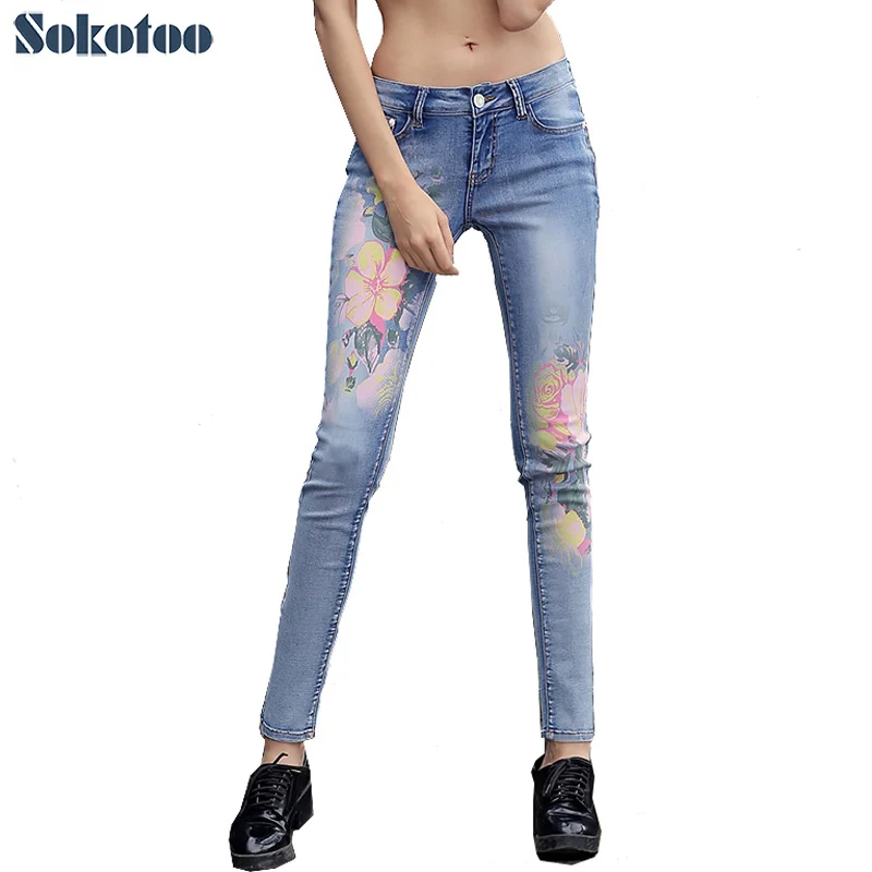 Sokotoo font b Women s b font fashion flower print jeans Casual slim skinny pencil pants