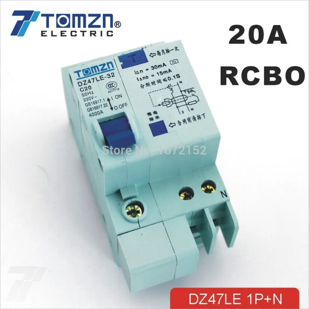 Автоматический выключатель остаточного тока DZ47LE 1P + N 20A 230 В ~ 50 Гц/60 Гц с защитой от
