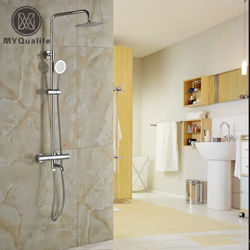 

Thermostatic Shower Mixer Faucet Set Wall Mounted Dual Handle 8" Rainfall Shower Faucet System Chrome Finish