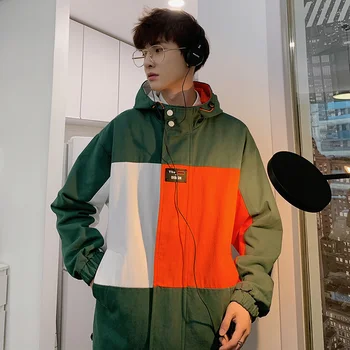 

Autumn New Hooded Jacket Men Fashion Contrast Color Casual Cotton Jacket Man Streetwear Wild Hip Hop Loose Bomber Jacket M-5XL