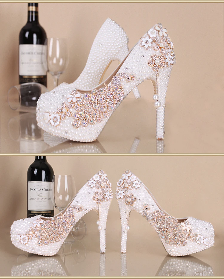 Обувь для невесты белые женские туфли на каблуке с жемчугом на заказ буквы цвета аппликация с кристаллами Павлин кисточка элегантные свадебные туфли-лодочки со стразами