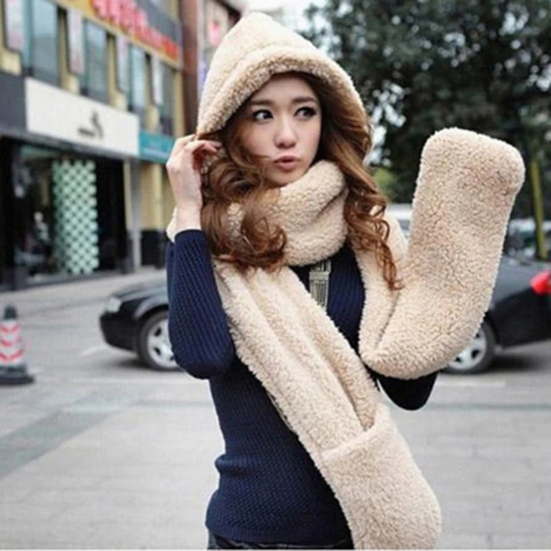 

3 Piece Sets Women Winter Warm Soft Hood Scarf Snood Pocket Hats Gloves Fashion Hooded Srarves Scarf Hat Glove