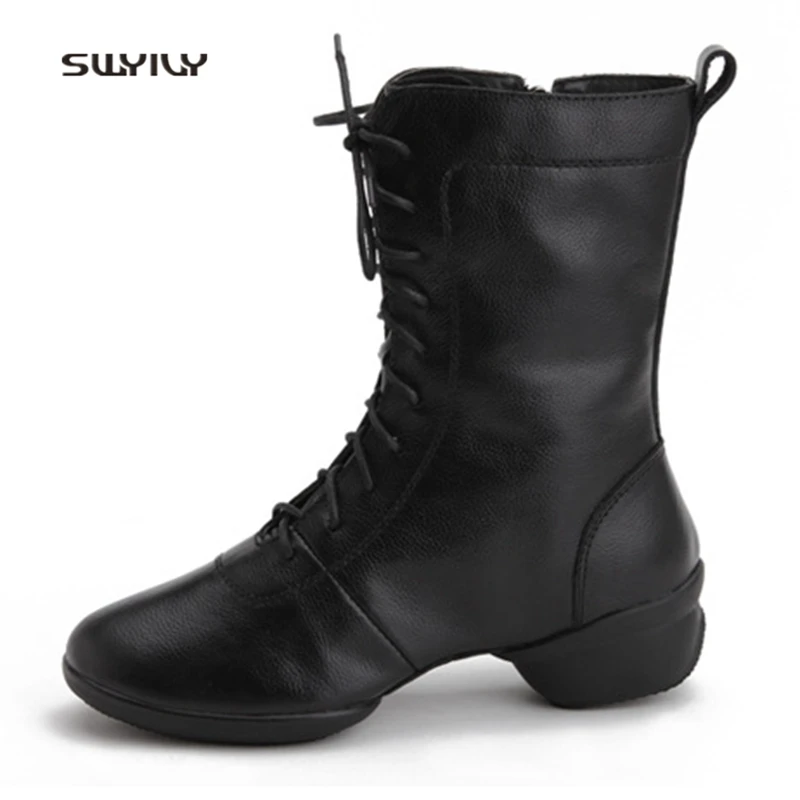 SWYIVY Women Dance Shoes Genuine Leather Breathable Sneakers 2018 Lace-up Square Dance Shoes Soft Heel Female Modern Dance Shoes