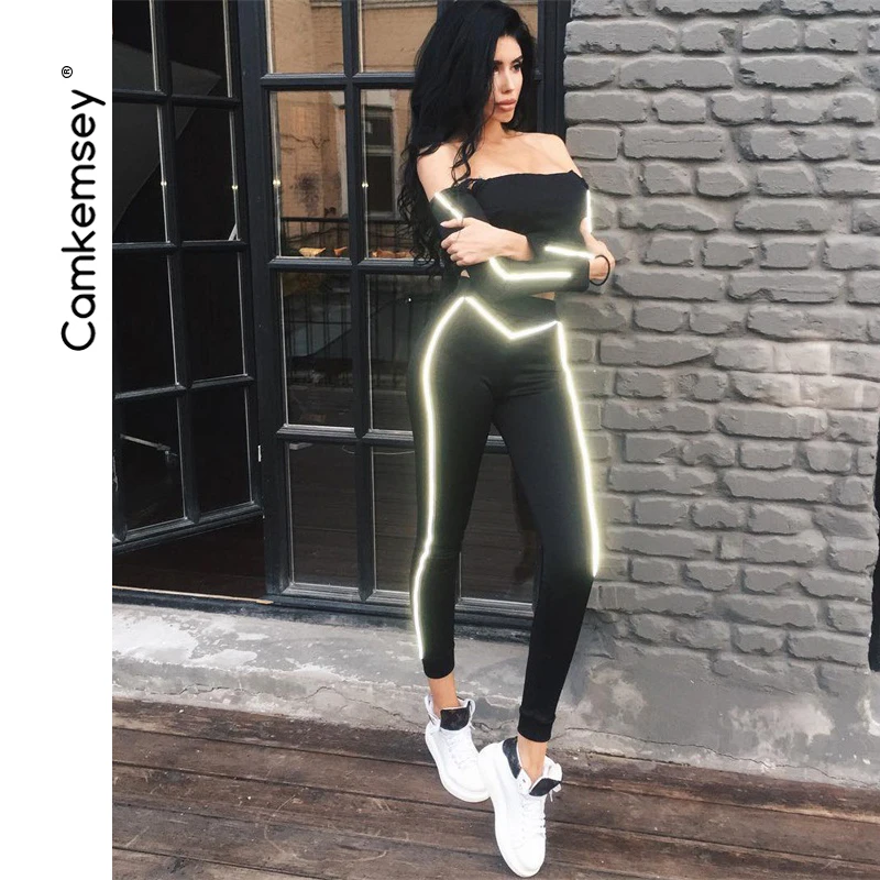 

Fashion Night Reflective Striped Sports Tracksuits Women Sexy Strapless Crop Tops Elastic Waist Skinny Sweatpants Two Piece Sets