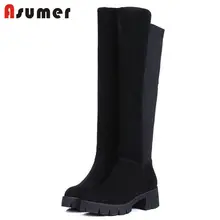 ASUMER/Новинка года; модные сапоги из коровьей замши и эластичной ткани; сапоги до колена; женские сапоги на плоской платформе с острым носком