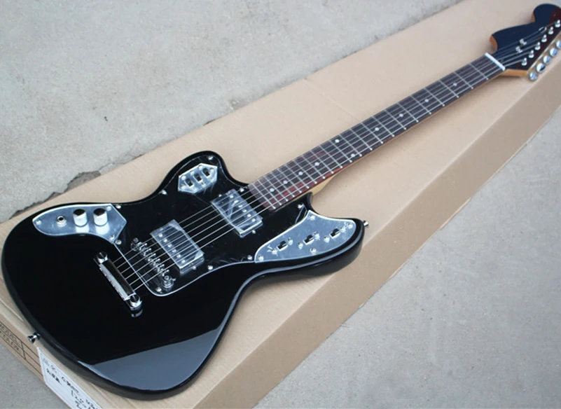 

Factory direct sale black wholesale left handed blacelectric guitar with rosewood fretboard,Black pickguard,Fixed bridge,chrom