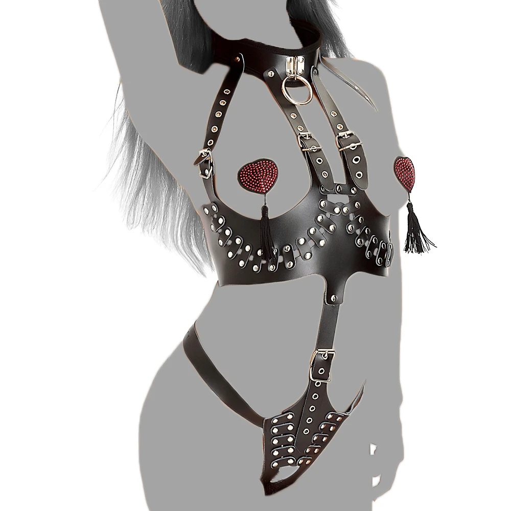

fetish leather Women's sexy lingerie Bondage cupless bare breast open the crotch with neck collar Chastity device costume