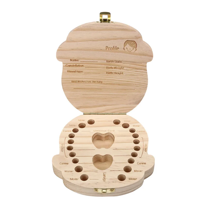 New Tooth shape Box Organizer for Baby Milk Teeth Save Wood Storage case Lanugo Collecting Teeth Gift Spanish/English drop ship