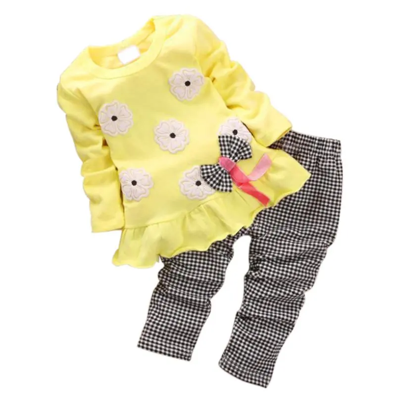 

Hot 2pcs Set Toddler Infant Kids Baby Girl Clothes Pullover Bow Tops+Plaids & Checks Pants Outfits
