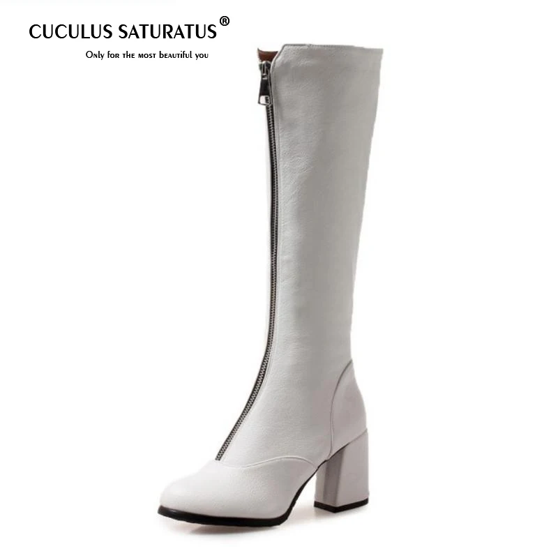 

Cuculus Size 34-43 Knee High Boots Women Zipper High Heel Winter Boots Female Round Toe Knee Shoes Woman Fashion Footwear 1209