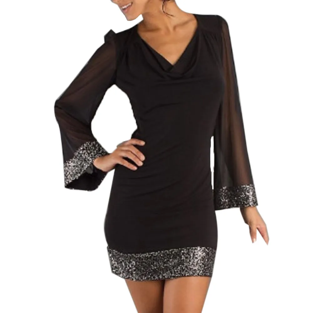 

MIARHB Summer Dresses Women Cotton White Female V-Neck Sequined Long Sleeve Stitching Mini Dress robe femme vestidos fiesta #070