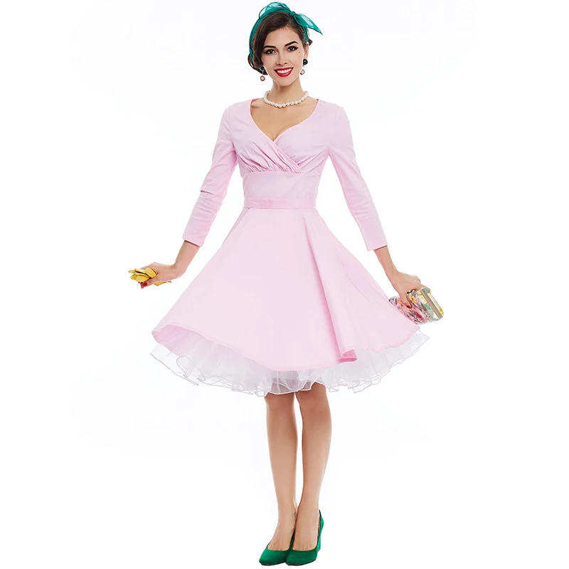 Sisjuly women long sleeve pink dress pin up deep v neck autumn winter