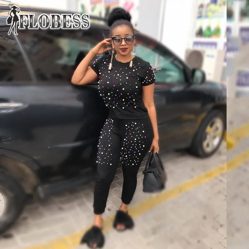 FLOBESS 2018 Women Fashion Rainbow Pearls Beading 2 Pieces Set T Shirt + Long Pants Casual Female Set Lady Club Suit FLOBESS 2018 Women Fashion Rainbow Pearls Beading 2 Pieces Set T Shirt + Long Pants Casual Female Set Lady Club Suit