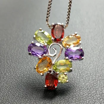 

FLZB , Fine jewelry pendant necklace in 925 sterling silver colorful gemstone amethyst/ametrine /garnet/peridot gift with box