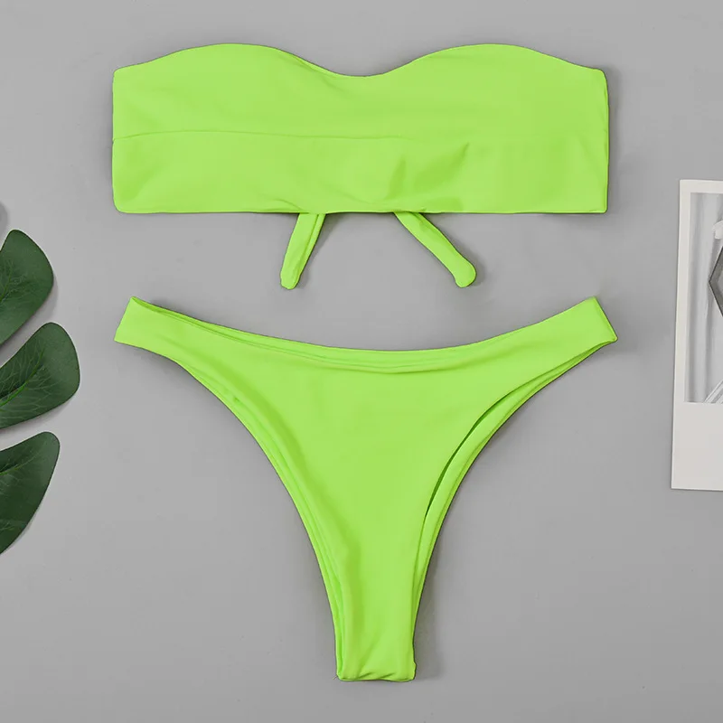

Sexy Neon Yellow Thong Bikini 2019 Women Swimwear Thong Knot Swimsuit Female Two-pieces Bikini Set Bather Ribbed Bathing Suit
