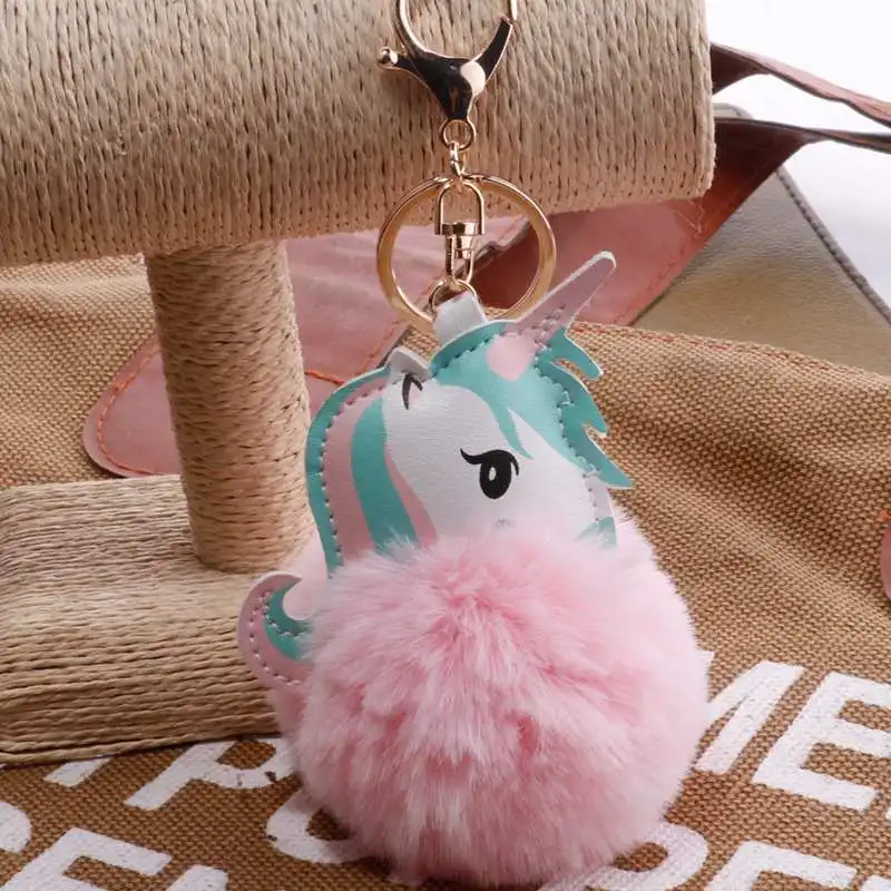 

Pompom Unicorn Plush Keychain Rabbit Fur Ball Stuffed Animals Horse Key Chain Fuffy Pompom Bag Car Key Ring