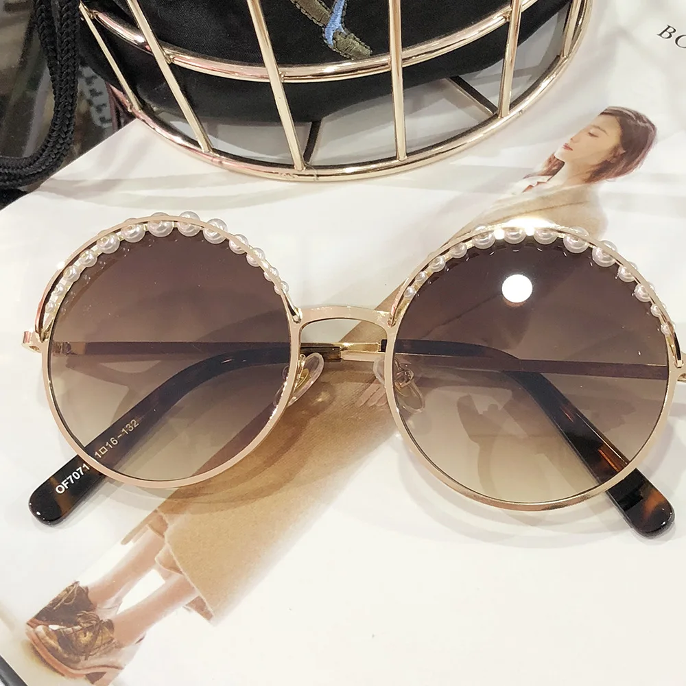 HBK, женские Роскошные жемчужные солнцезащитные очки, круглая металлическая оправа, новинка, модные брендовые дизайнерские шикарный Круглый Солнцезащитные очки для женщин, UV400